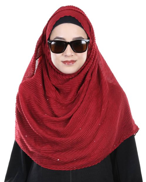 Ultra Soft Sequined diagonal Crimson Pleated hijab