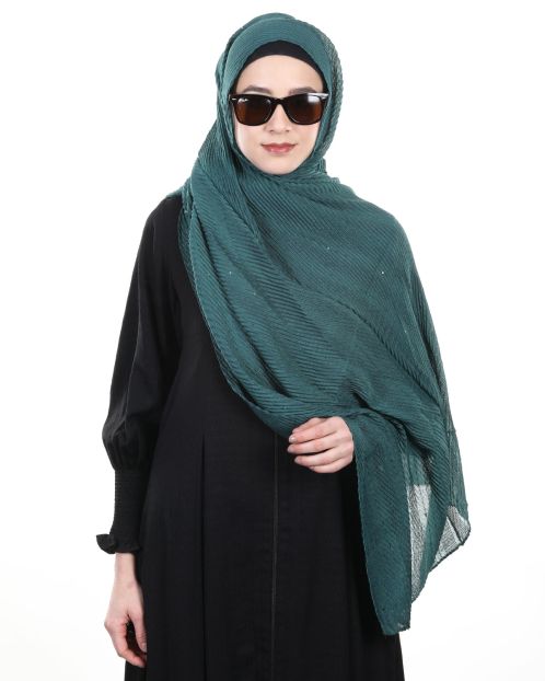 Ultra Soft Sequined diagonal Bottle Green Pleated hijab