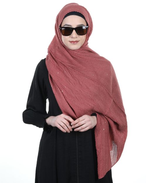Ultra Soft Sequined diagonal Brick Red Pleated hijab