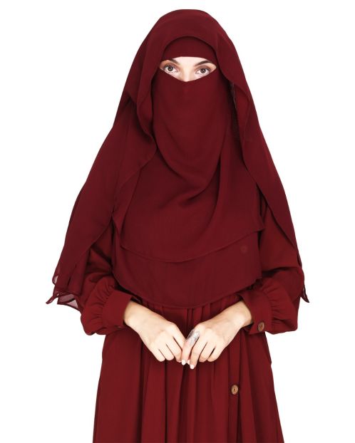 Maroon Georgette Khimar Style Face Veil Naqab