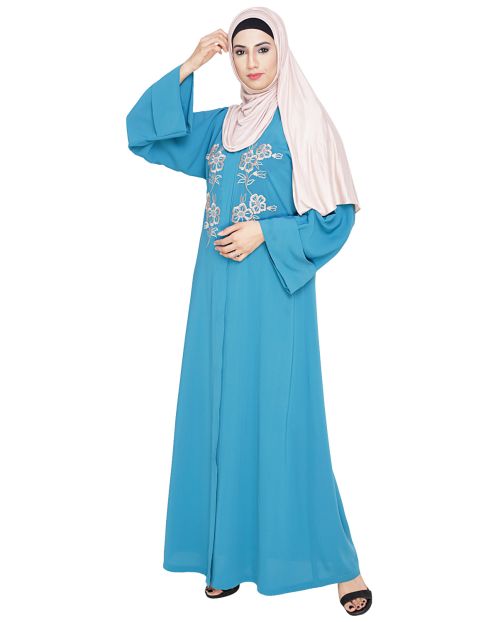 Floweret Embroidered Teal Blue Dubai Style Abaya