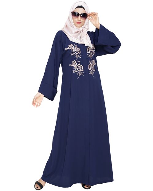 Floweret Embroidered Blue Dubai Style Abaya