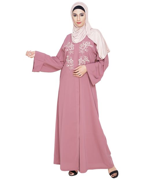 Floweret Embroidered Onion Pink Dubai Style Abaya