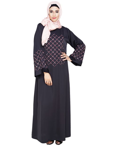 Resham Adorned Dark Grey Dubai Style Abaya