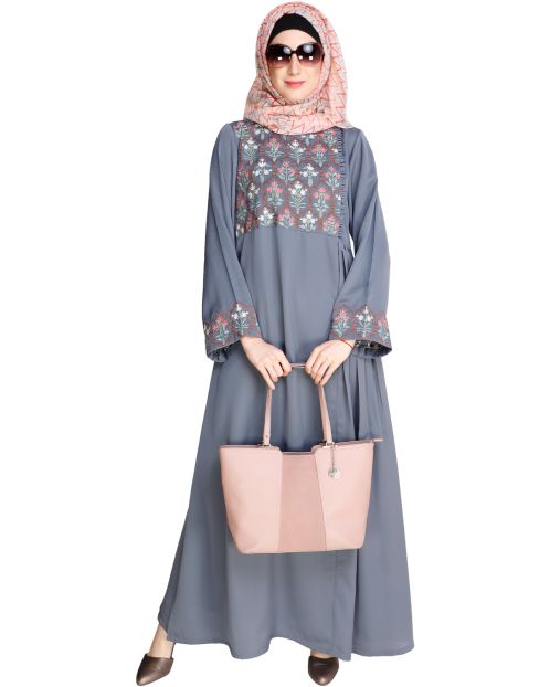 Majorelle Floral Blue Pleated Abaya