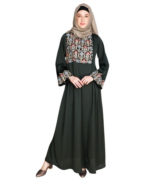 Majorelle Floral Olive Green Pleated Abaya