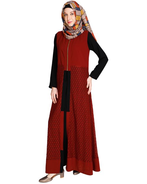 Lace Jacket Maroon Abaya