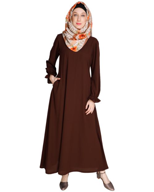 Gathered Sleeves Brown Abaya