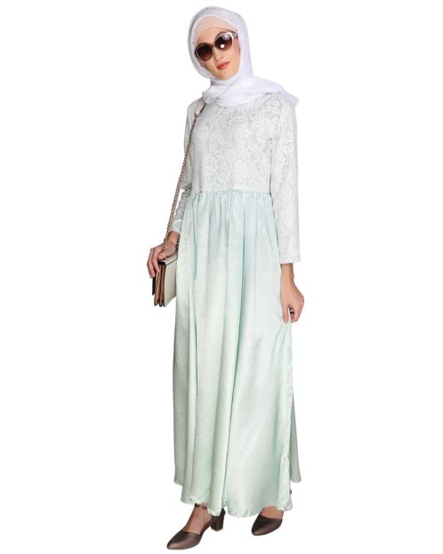 Lace Yoke Pista Green Maxi Dress