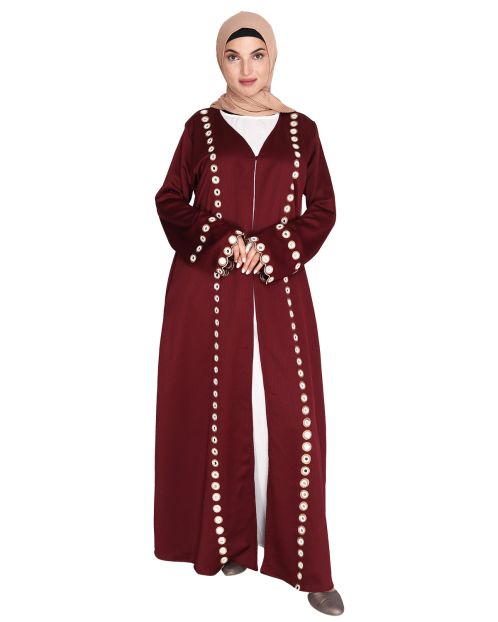 Wine Jacket Style Abaya with Exquisite Mirror Work