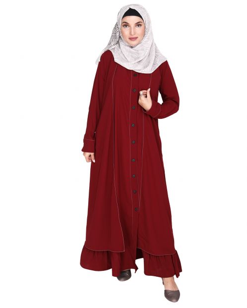 Two Panel Maroon  Abaya with Onion Pink Piping Design