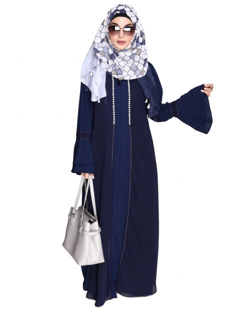 Blue Abaya with Georgette Panel Lined with Pearls