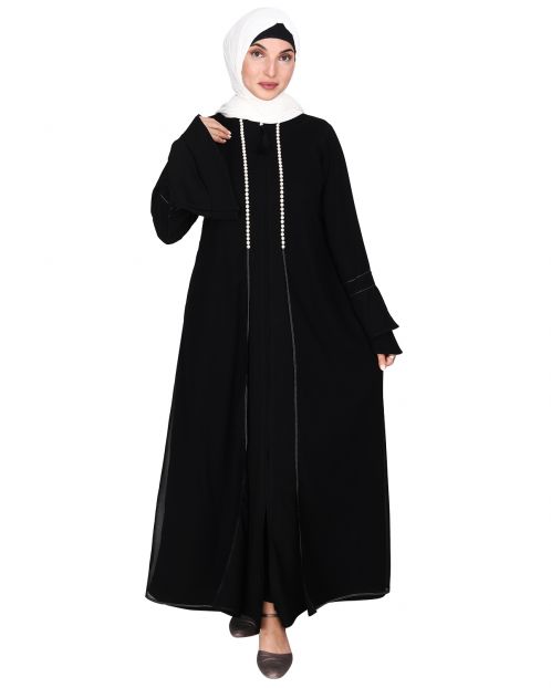 Black Abaya with Georgette Panel Lined with Pearls
