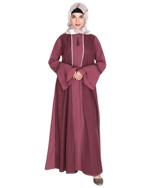 Dark Onion Pink Abaya with Georgette Panel Lined with Pearls