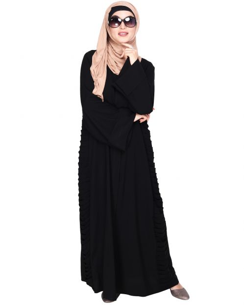 Tinselled Black Abaya with Frilled Side Panels