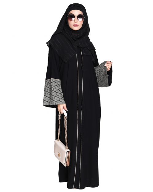 Elegant Crochet Lace Imperial Black Dubai Style Abaya