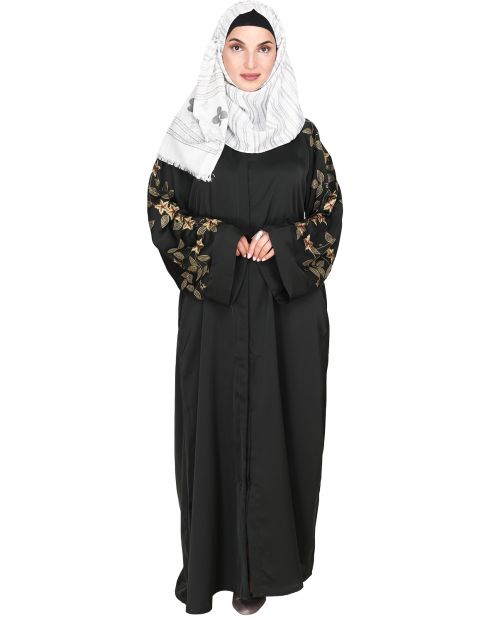Alluring Olive Green Floral Embroidery Dubai Style Black Abaya