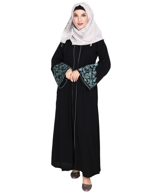 Black Abaya With Sage Green Thread Embroidery