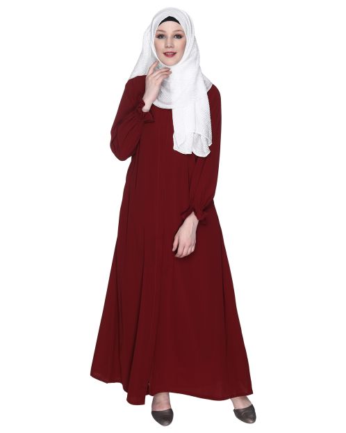 Classic Plain Maroon Abaya With Elastic Cuffs