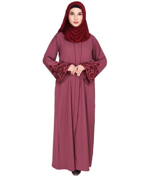 Onion Pink Abaya With Thread Embroidery