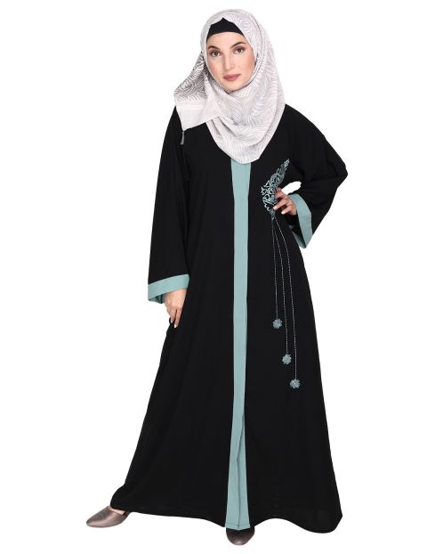 Contrast Embroidered Black and Sage Green Dubai Style Abaya