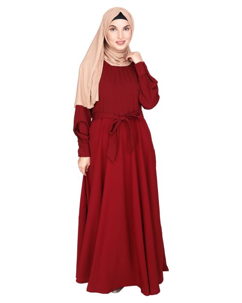 Gathered Neck Maroon Maxi Dress