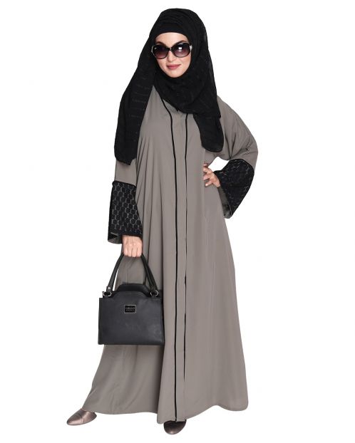 Elegant Crochet Lace Imperial Grey Dubai Style Abaya