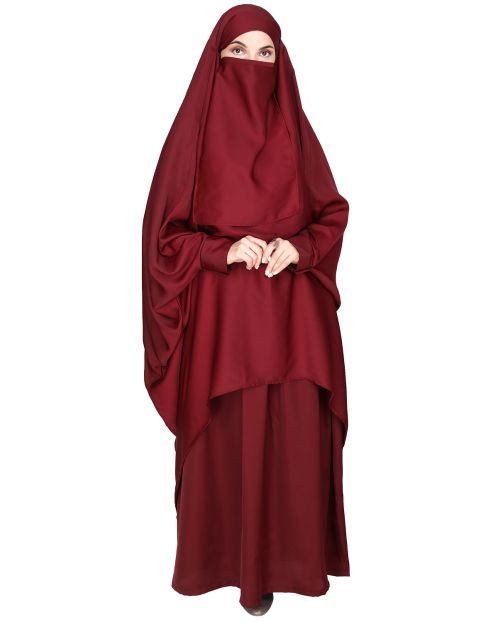 Luxurious High Low Style Maroon Khimar and Skirt Jilbab Set