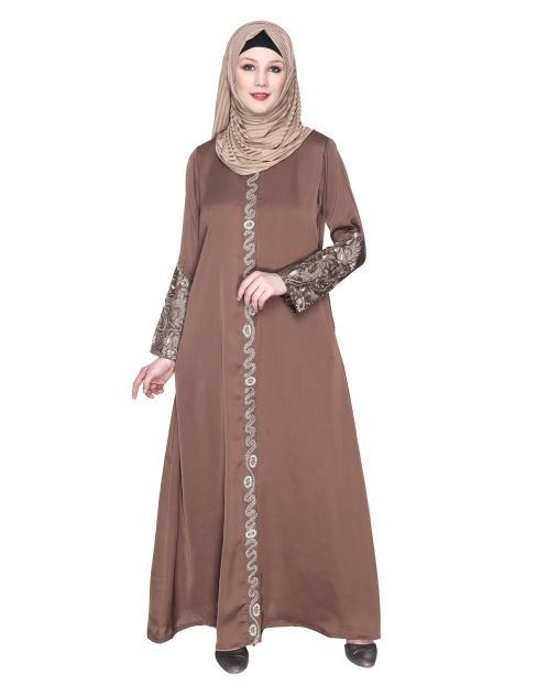 Opulent Hand Embroidered Oak Brown Luxury Abaya