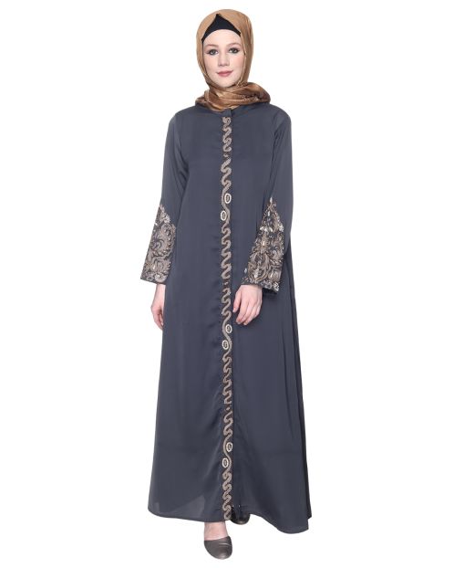 Opulent Hand Embroidered Dark Grey Luxury Abaya