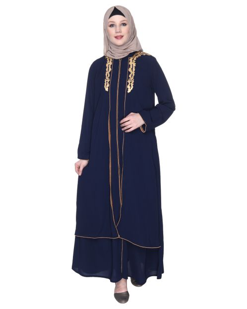 Blue Regal Abaya With Gold Embroidery
