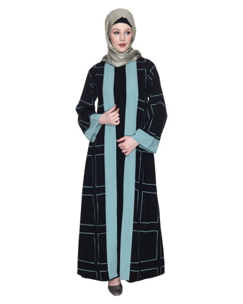 Designer Shrug Style Black And Sea Green Closed Abaya