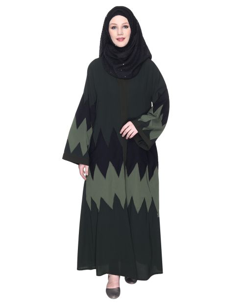 Zig Zag Style Olive Green Abaya With Shaded Embroidered Panels