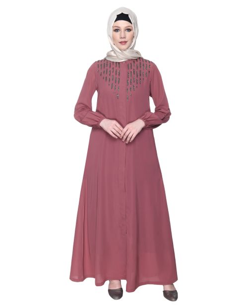 Onion Pink Abaya With Flashy Metallic Beads Embroidery