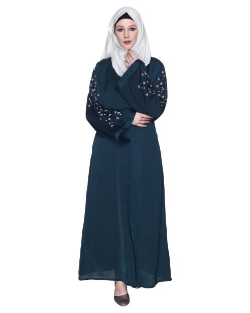 Enchanting Bottle Green Abaya With Sparkling Hand-Embroidered Sleeves