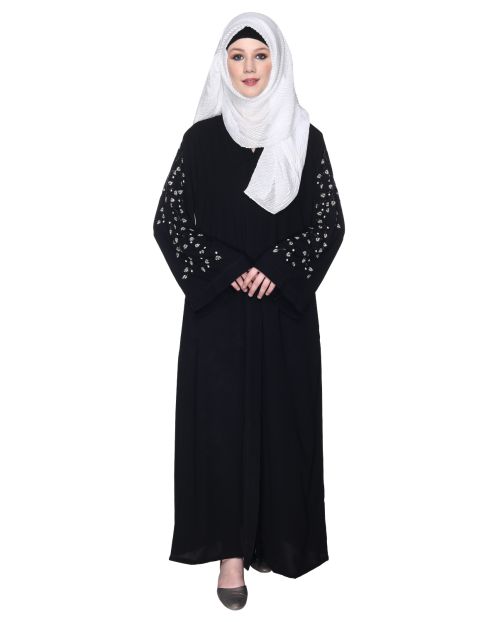 Enchanting Deep Black Abaya With Sparkling Hand-Embroidered Sleeves