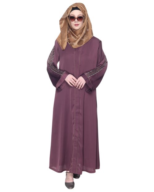Formal Imperial Purple Abaya With Gleaming Embroidered Sleeves