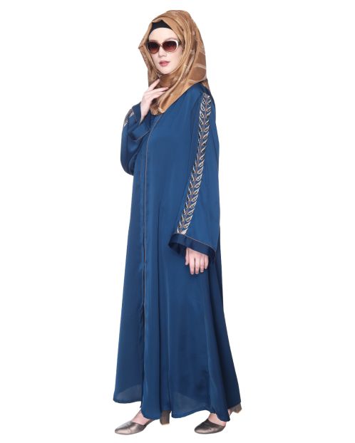 Formal Teal Blue Abaya With Gleaming Embroidered Sleeves