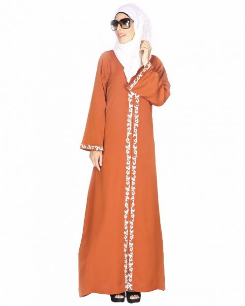 Brown Abaya With Thread Embroidery