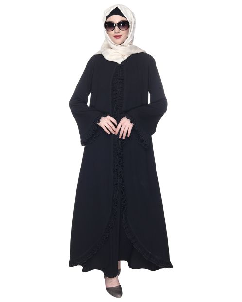 Dapper Deep Black Jacket Syle Frill Abaya