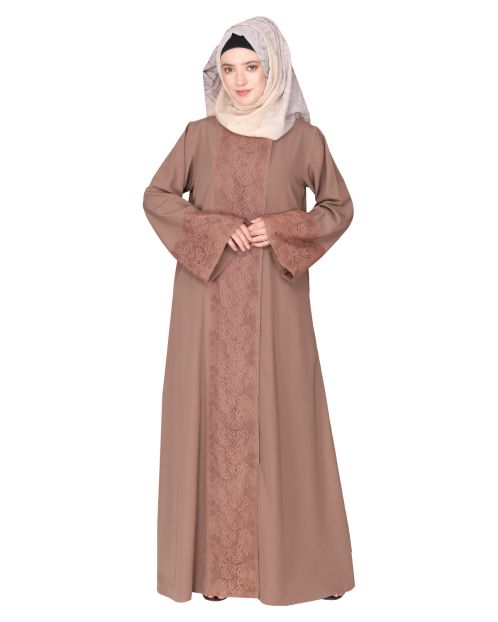 Eloquent formal brown widelaced front open Abaya