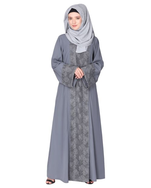Eloquent formal widelaced grey front open Abaya