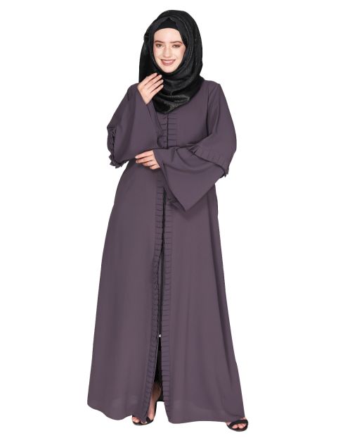 Modish box pleated dark grey abaya with conventional bell sleeves