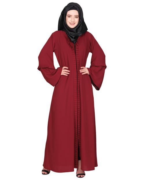 Modish box pleated maroon abaya with conventional bell sleeves