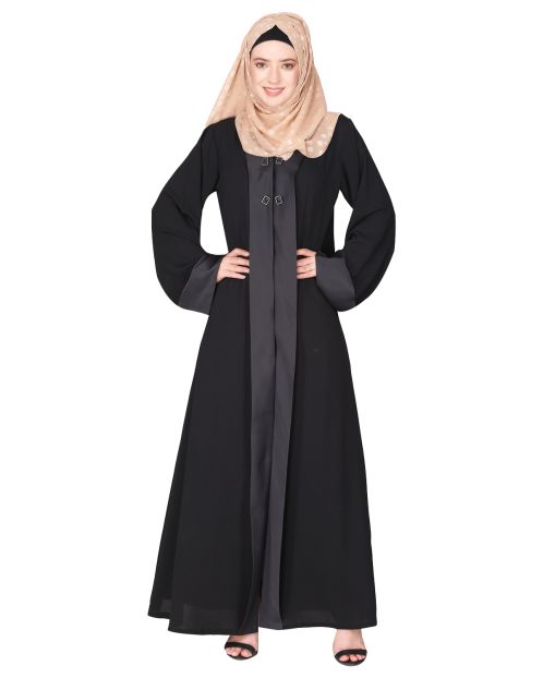 Graceful curtains style front open black abaya with designer show buttons