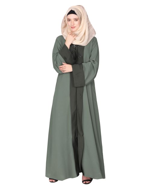 Graceful curtains style front open dead mint abaya with designer show buttons