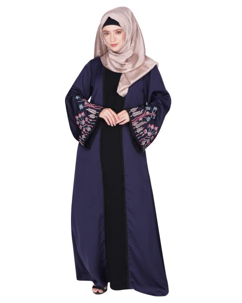 Shrug style lovely buds & flowers embroidered front close blue abaya