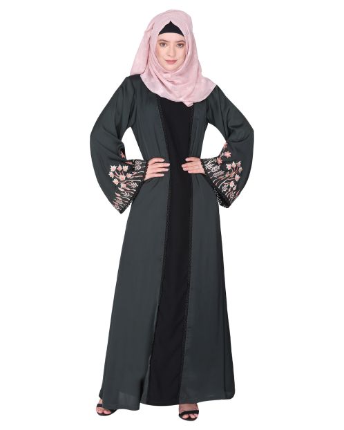 Shrug style lovely buds & flowers embroidered front close olive green abaya