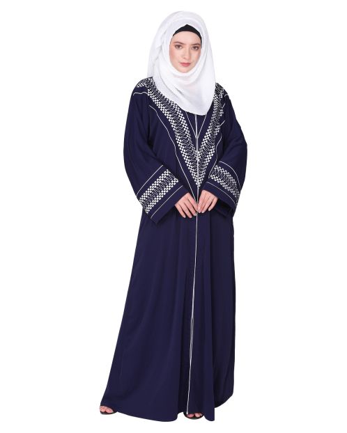 A magnificent Palestinian motif front open embroidered blue abaya
