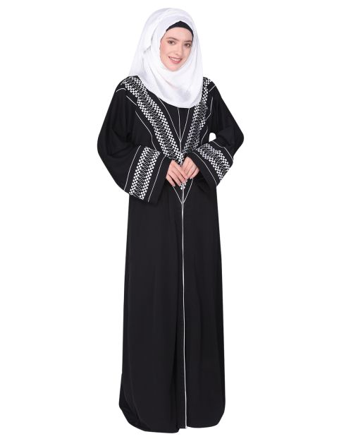 A magnificent Palestinian motif front open embroidered black abaya